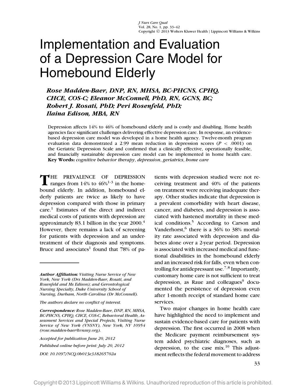 Implementation and Evaluation of a Depression Care Model for Homebound Elderly