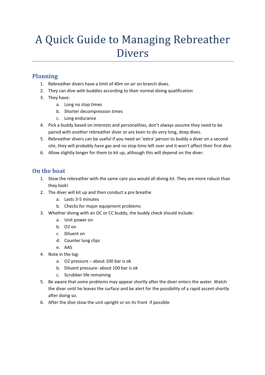 A Quick Guide to Managing Rebreather Divers