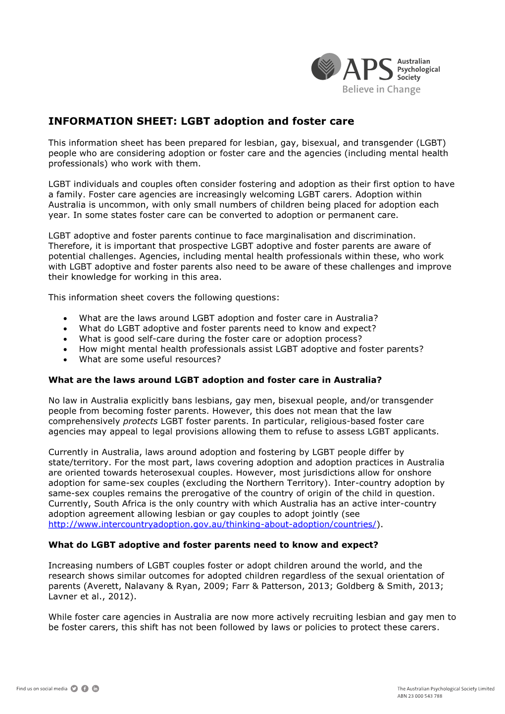 INFORMATION SHEET: LGBT Adoption and Foster Care