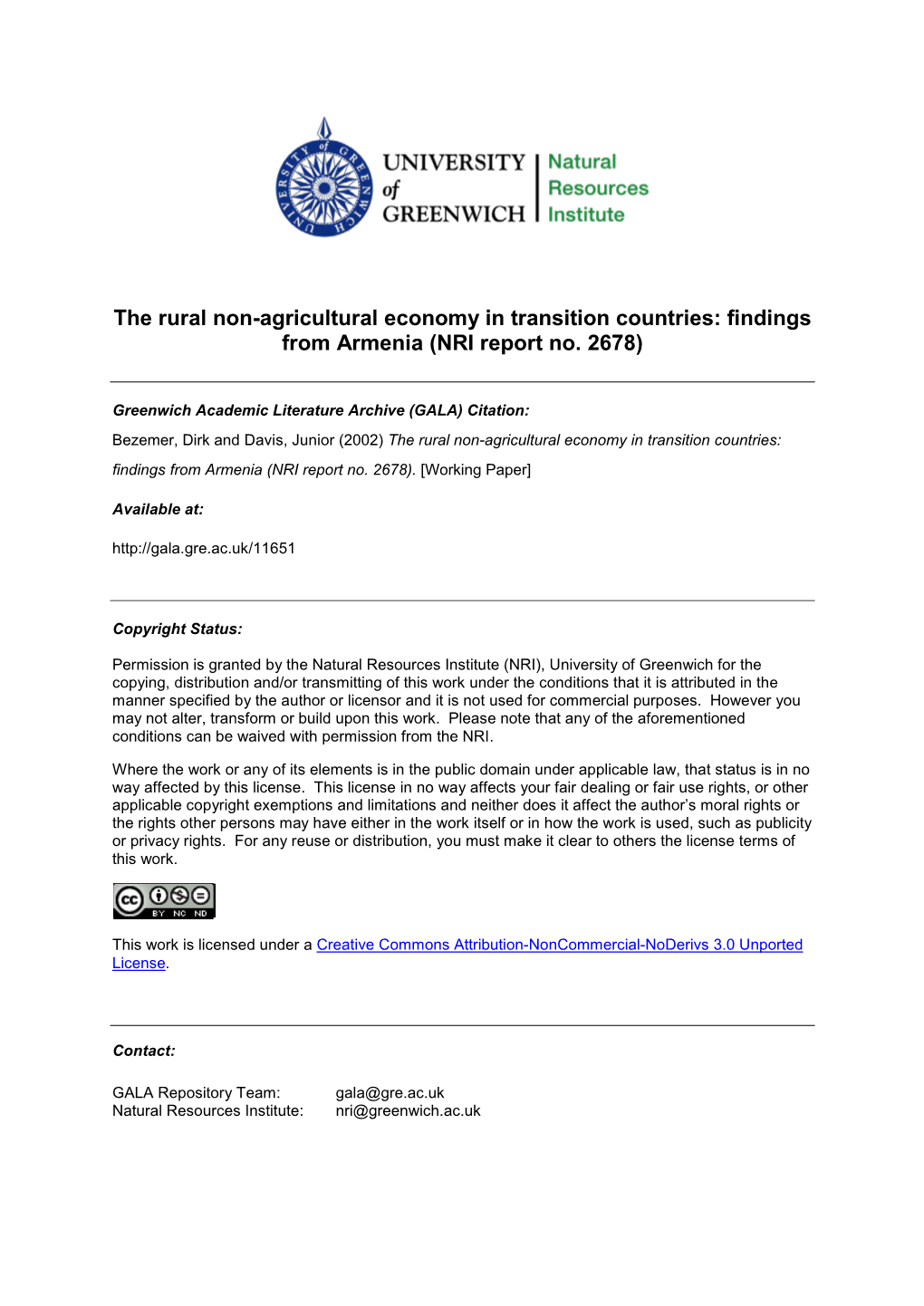 The Rural Non-Agricultural Economy in Transition Countries: Findings from Armenia (NRI Report No