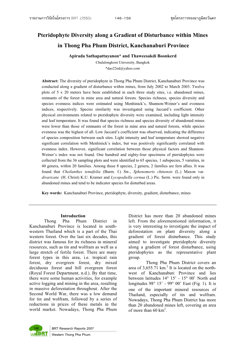 Pteridophyte Diversity Along a Gradient of Disturbance Within Mines in Thong Pha Phum District, Kanchanaburi Province