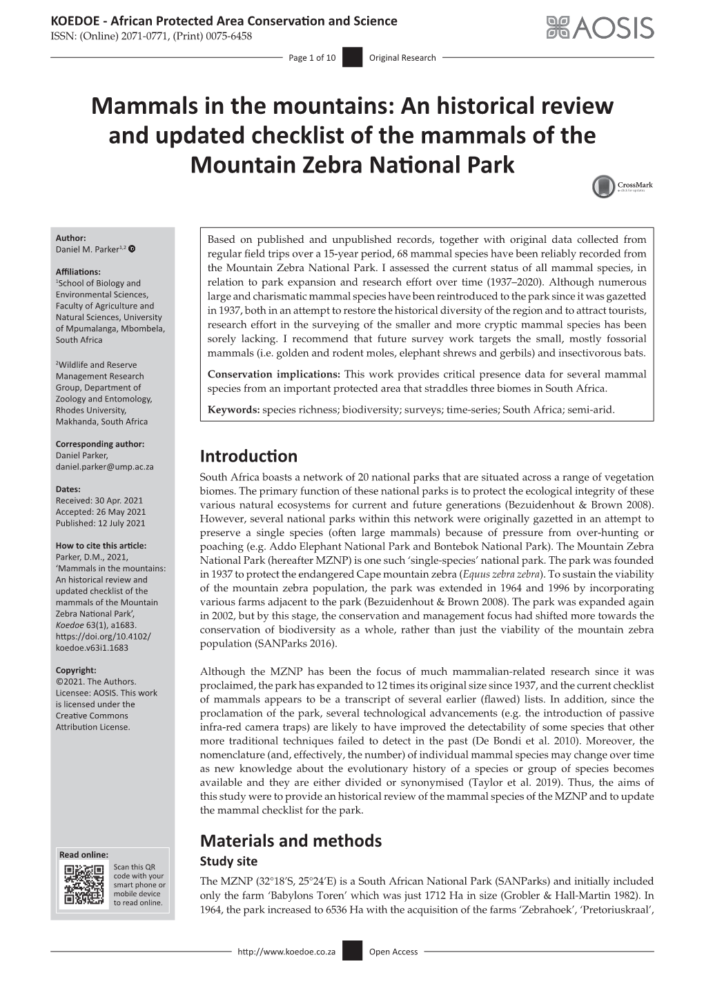 An Historical Review and Updated Checklist of the Mammals of the Mountain Zebra National Park
