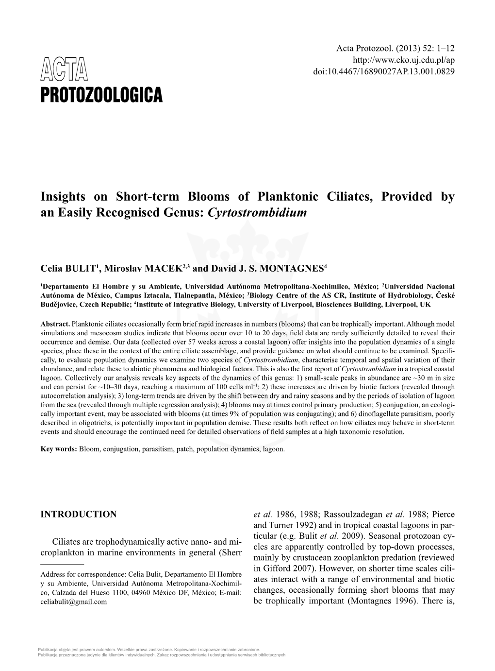 Insights on Short-Term Blooms of Planktonic Ciliates, Provided Byan