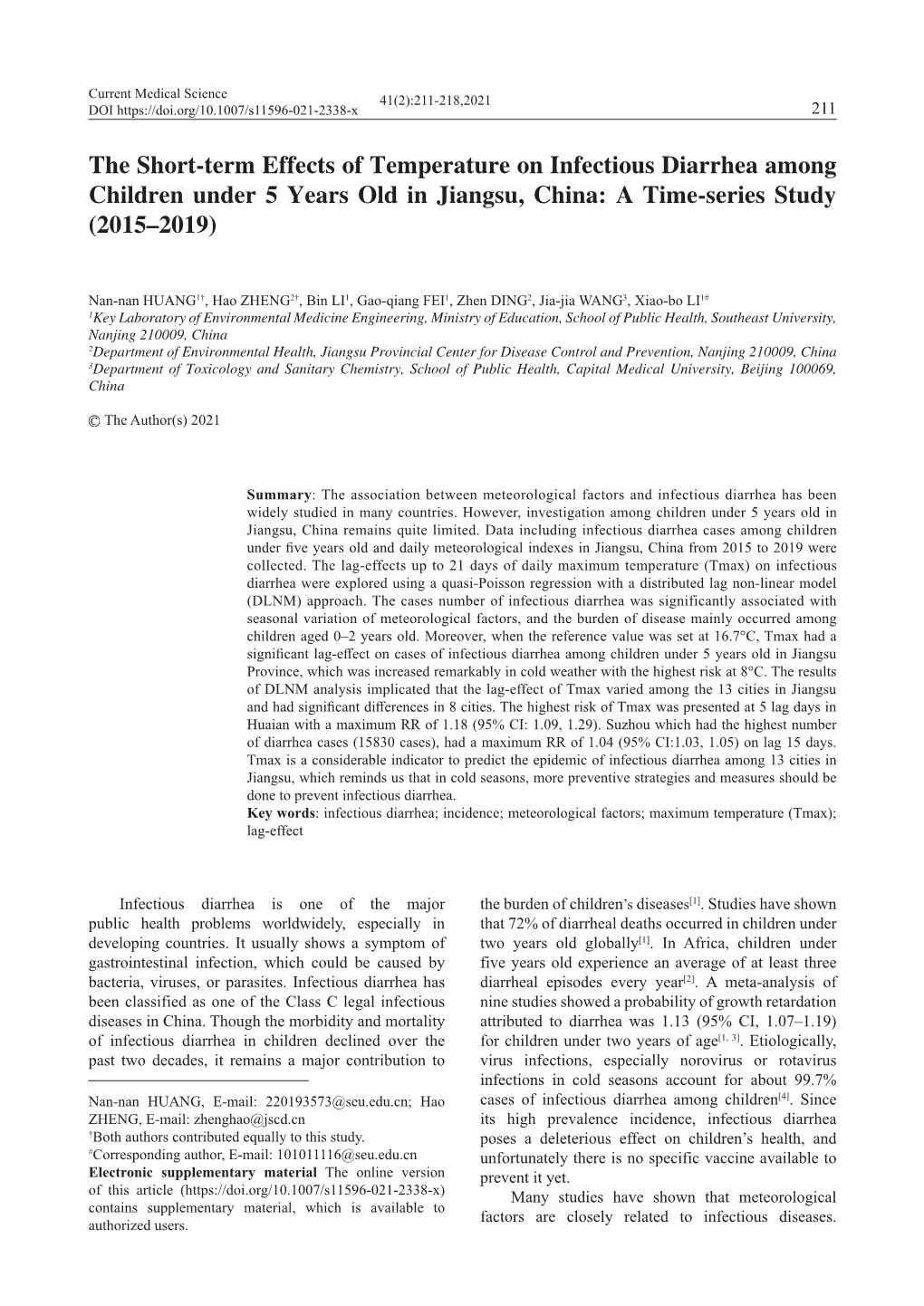 The Short-Term Effects of Temperature on Infectious Diarrhea Among Children Under 5 Years Old in Jiangsu, China: a Time-Series Study (2015–2019)