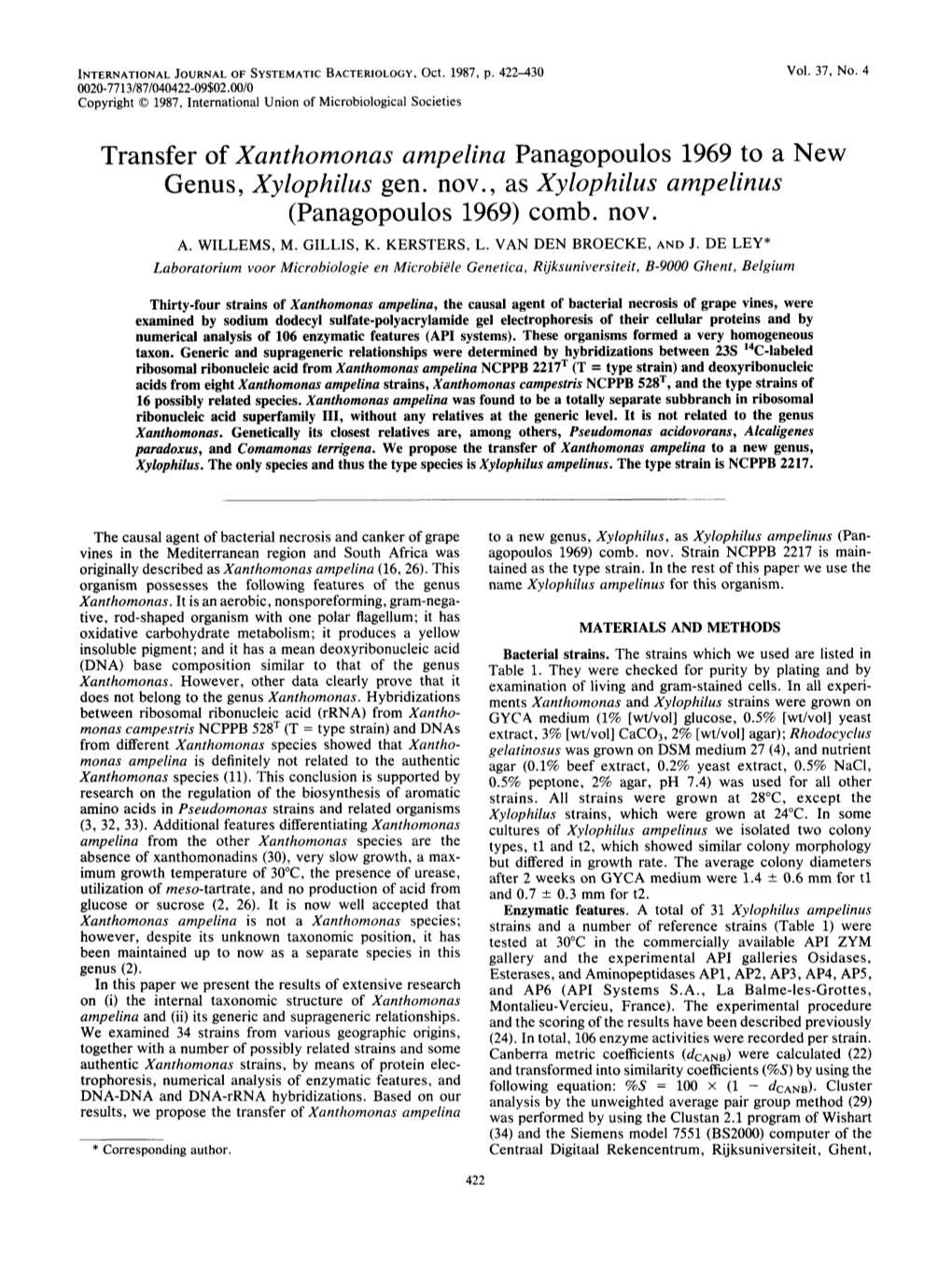 Panagopoulos 1969 to a New Genus, Xylophilus Gen