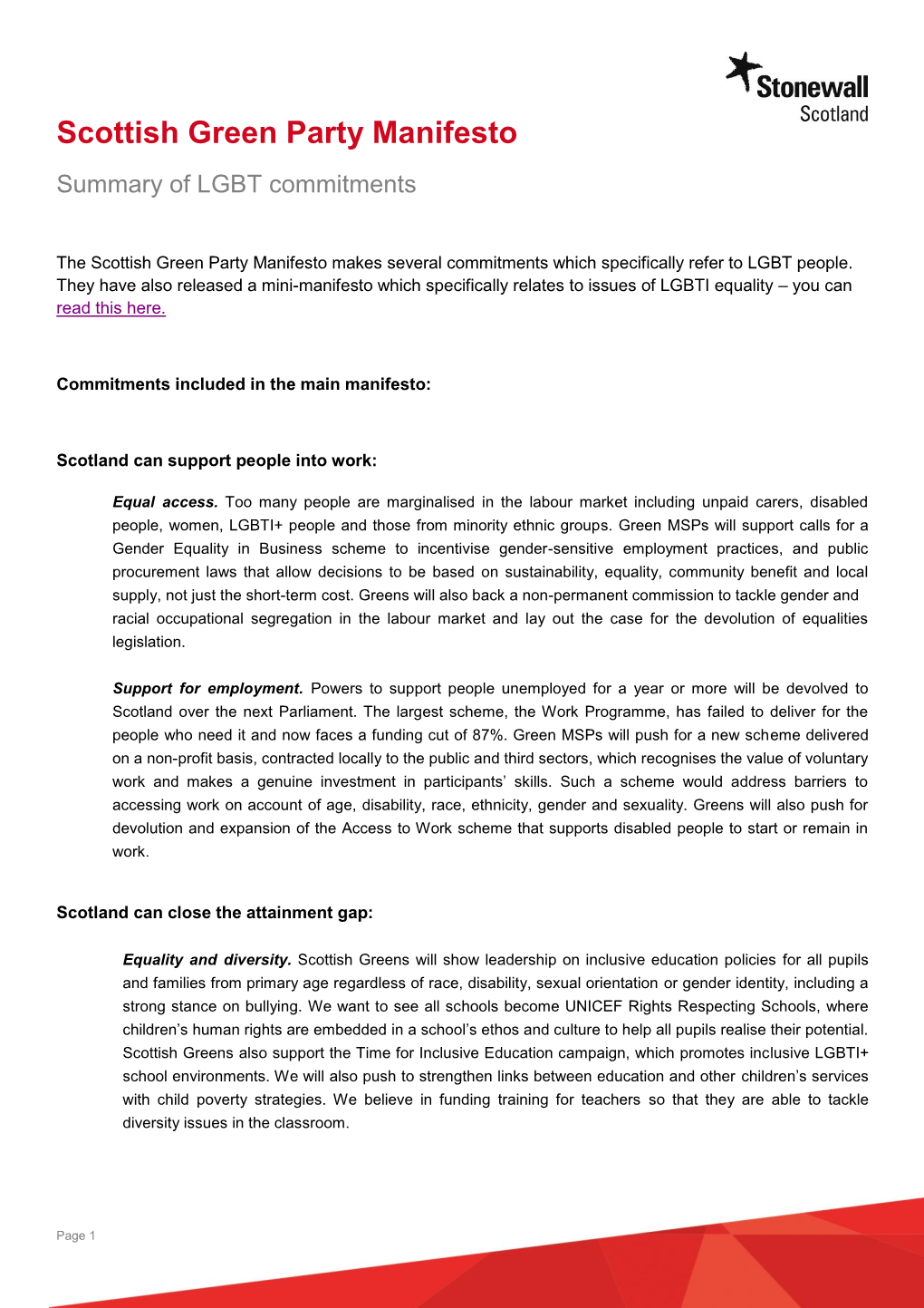 Scottish Green Party Manifesto Summary of LGBT Commitments