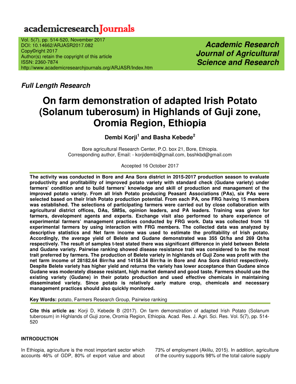 On Farm Demonstration of Adapted Irish Potato (Solanum Tuberosum) in Highlands of Guji Zone, Oromia Region, Ethiopia