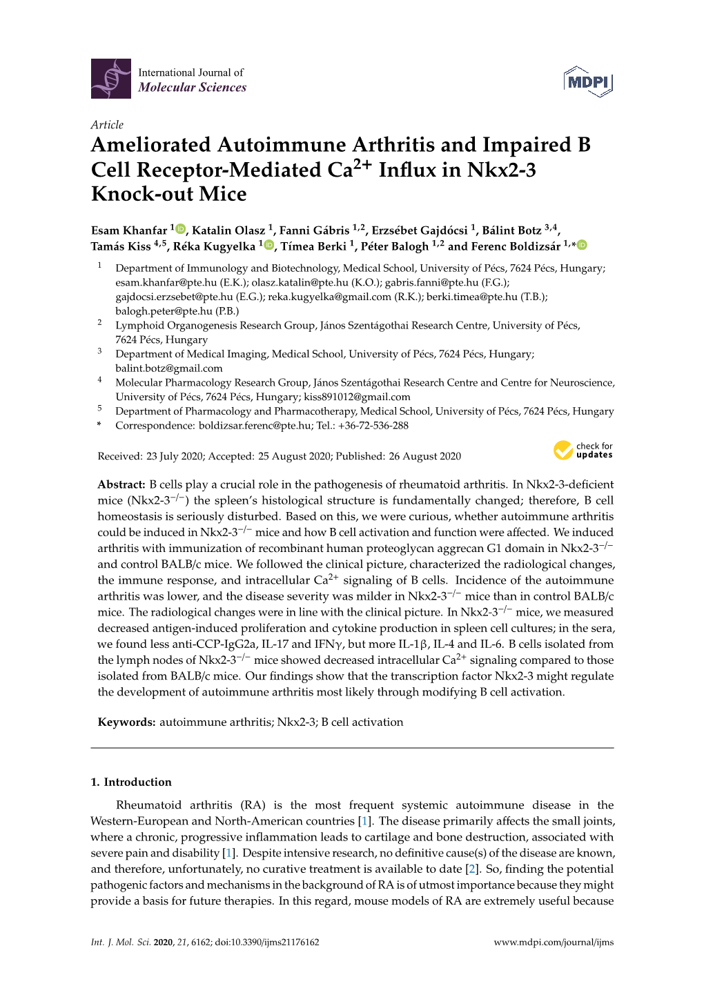 Ameliorated Autoimmune Arthritis and Impaired B Cell Receptor-Mediated Ca2+ Inﬂux in Nkx2-3 Knock-Out Mice