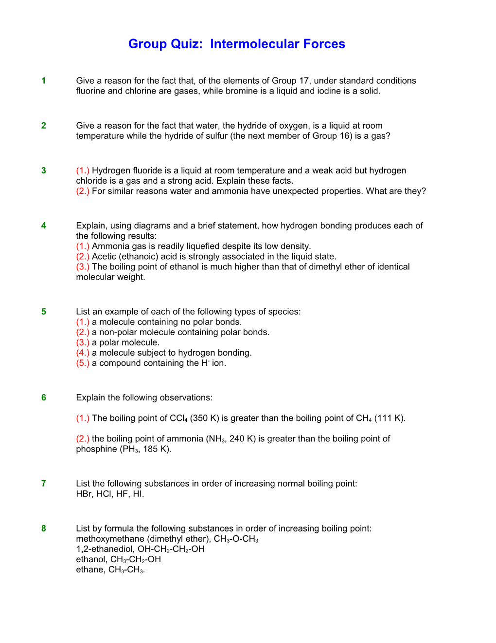 Group Quiz: Intermolecular Forces