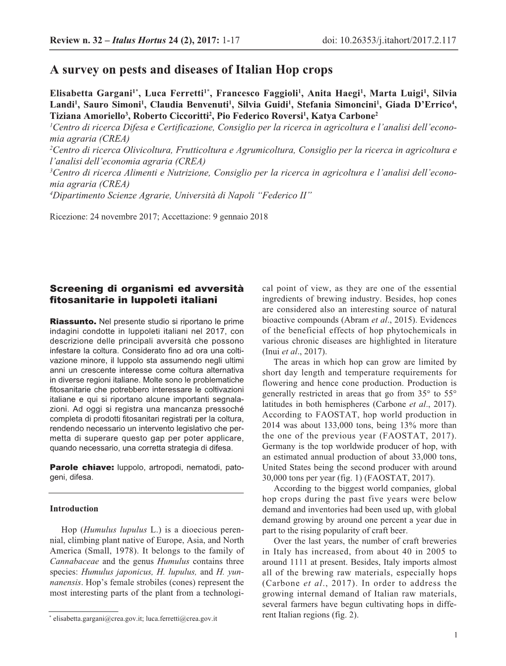 A Survey on Pests and Diseases of Italian Hop Crops