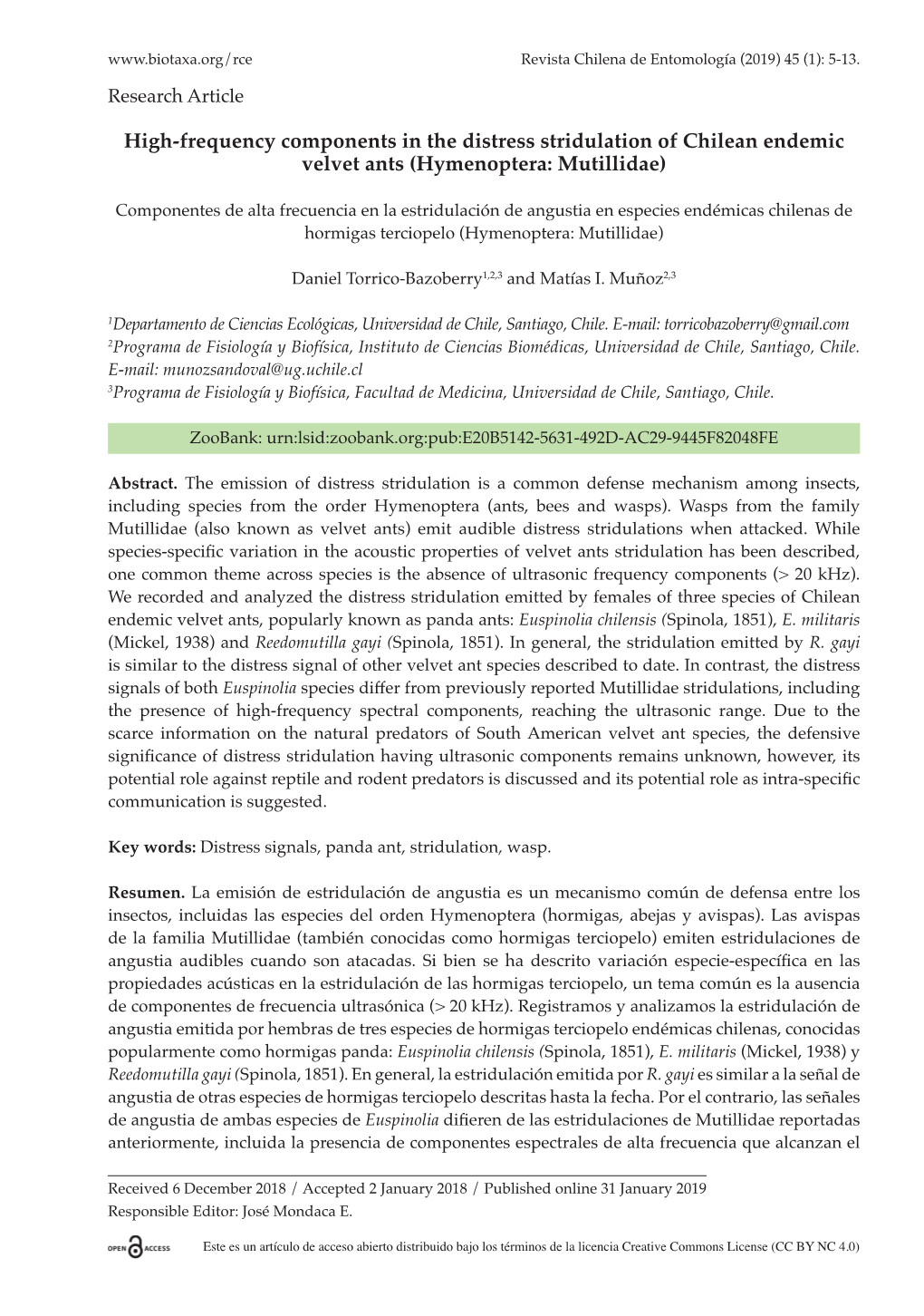 High-Frequency Components in the Distress Stridulation of Chilean Endemic Velvet Ants (Hymenoptera: Mutillidae)