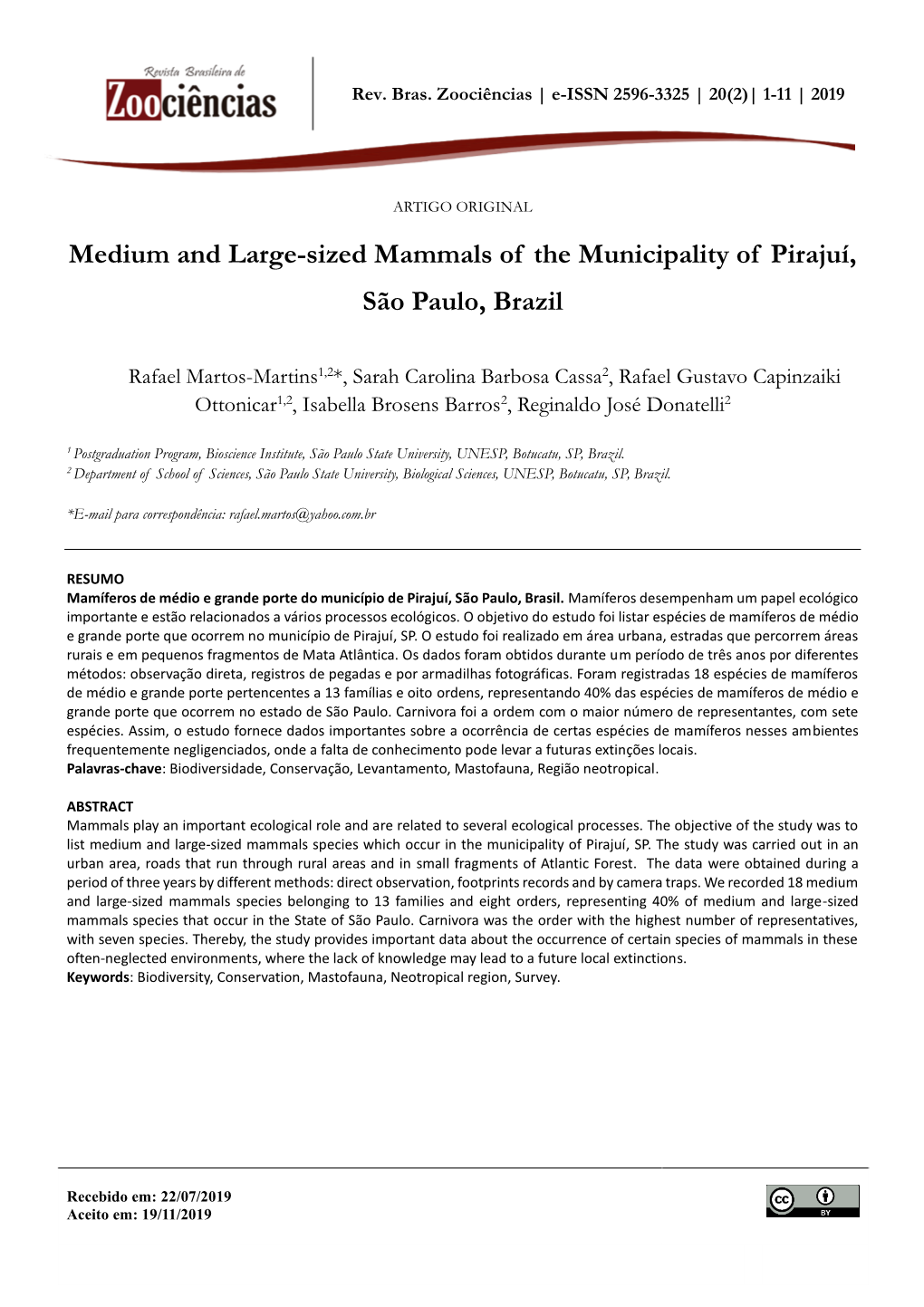 Medium and Large-Sized Mammals of the Municipality of Pirajuí, São Paulo, Brazil