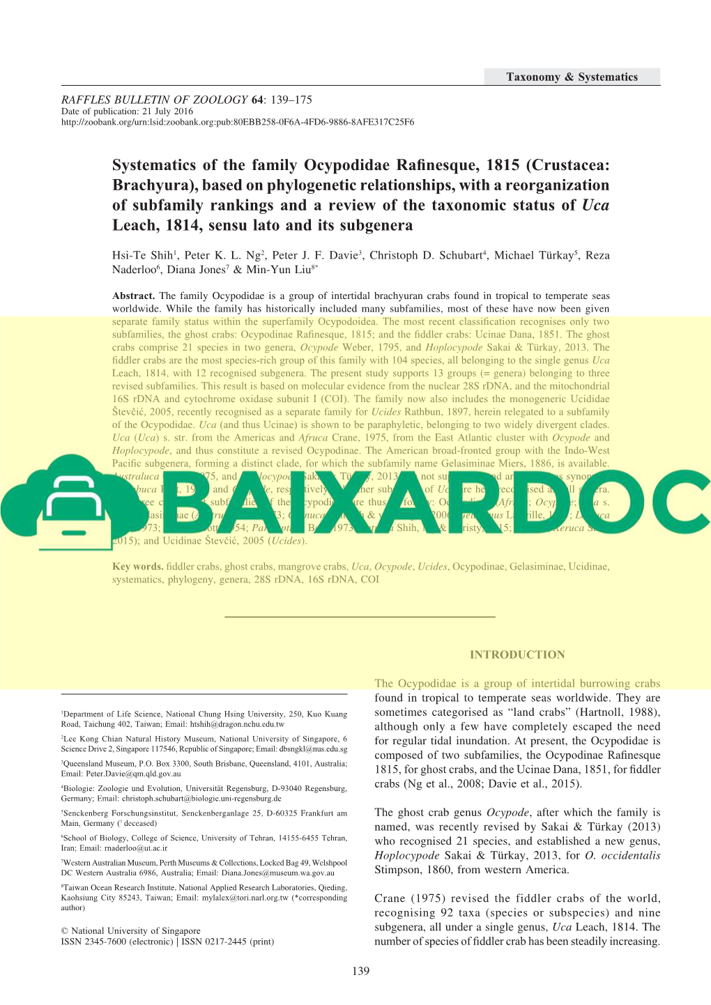 Systematics of the Family Ocypodidae Rafinesque