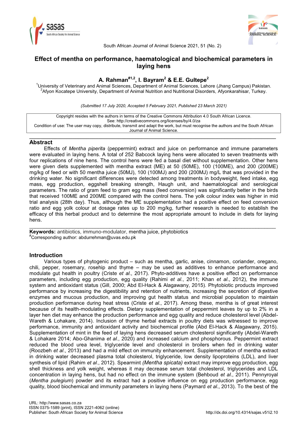 Effect of Mentha on Performance, Haematological and Biochemical Parameters in Laying Hens