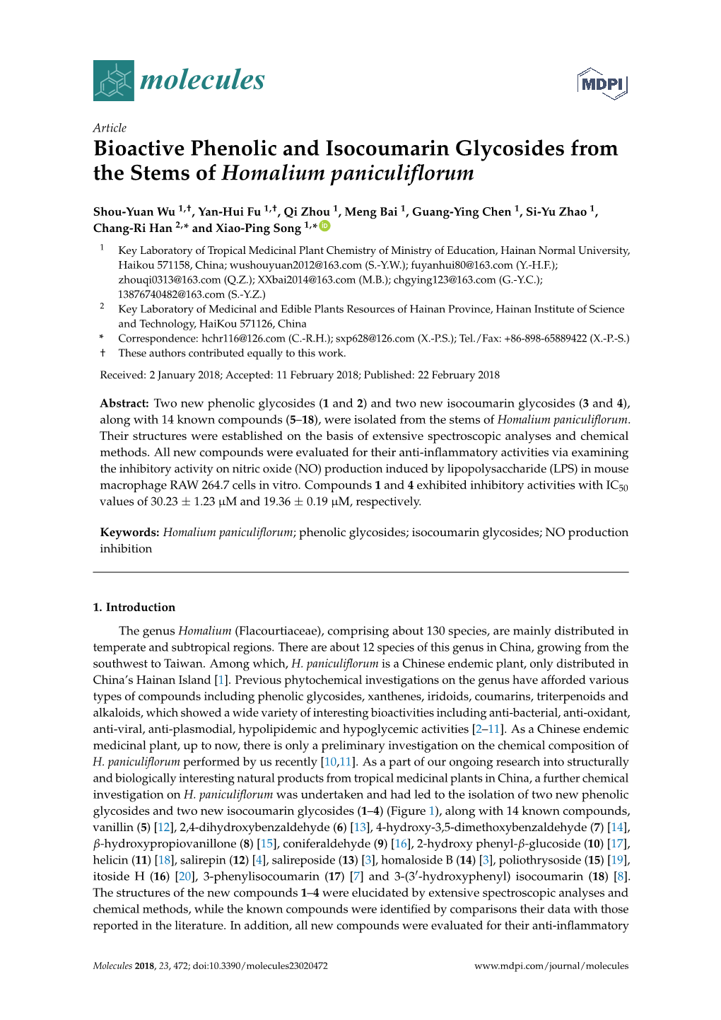 Bioactive Phenolic and Isocoumarin Glycosides from the Stems of Homalium Paniculiﬂorum