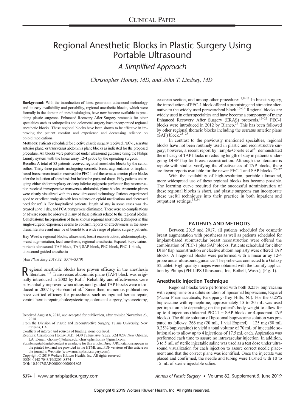 Regional Anesthetic Blocks in Plastic Surgery Using Portable Ultrasound a Simplified Approach Christopher Homsy, MD, and John T