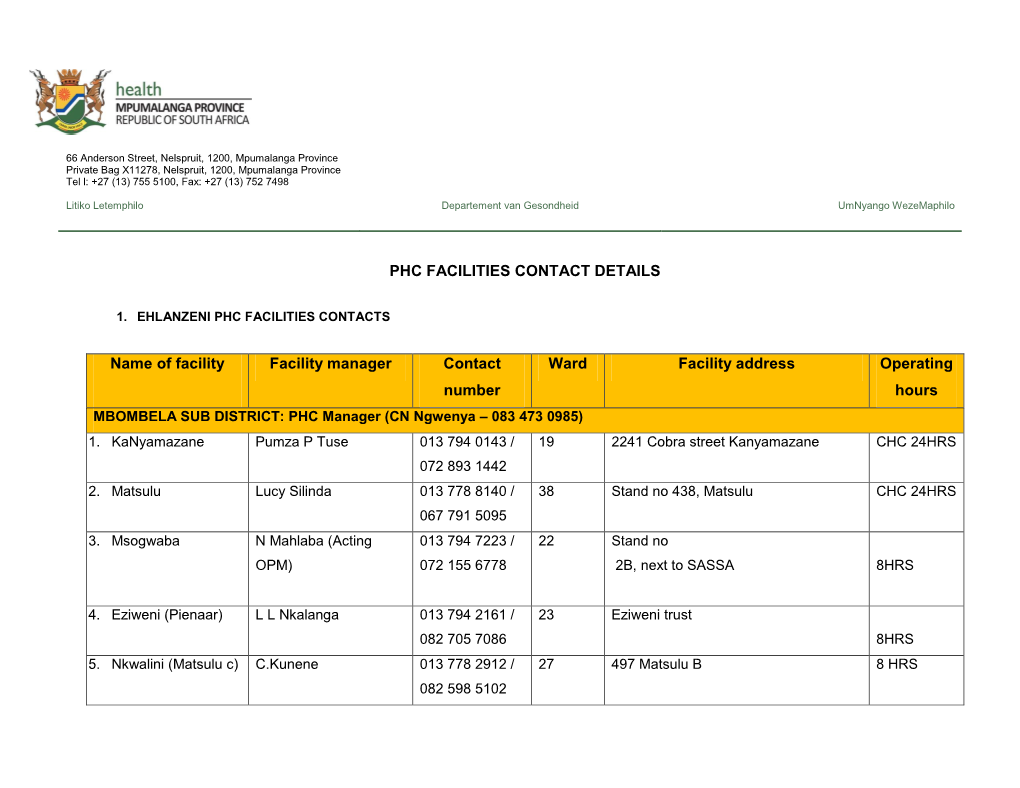 Phc Facilities Contact Details