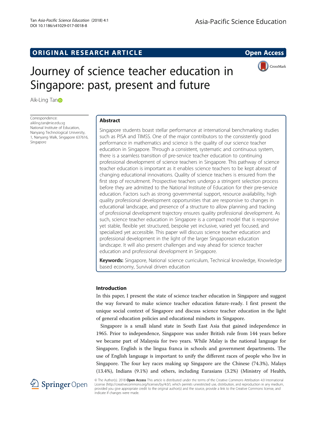 Journey of Science Teacher Education in Singapore: Past, Present and Future Aik-Ling Tan