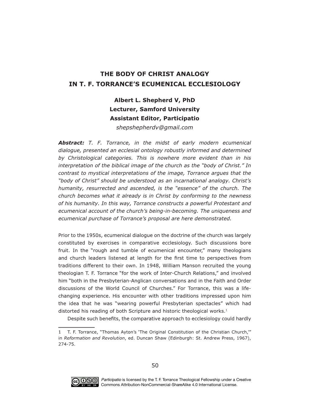 The Body of Christ Analogy in T. F. Torrance's Ecumenical Ecclesiology