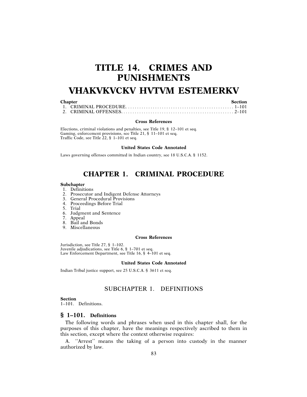 TITLE 14. CRIMES and PUNISHMENTS VHAKVKVCKV HVTVM ESTEMERKV Chapter Section 1