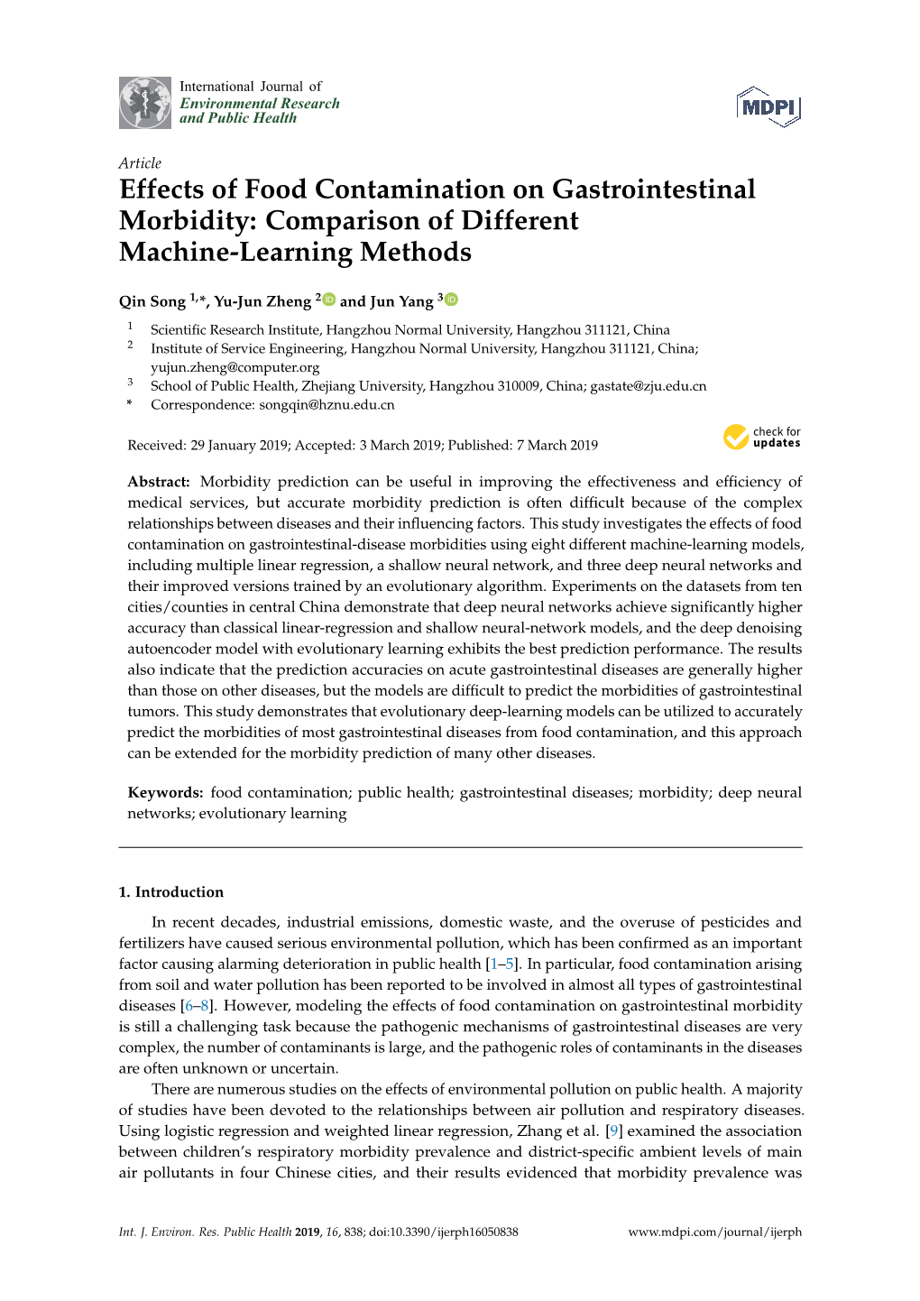 Effects of Food Contamination on Gastrointestinal Morbidity: Comparison of Different Machine-Learning Methods