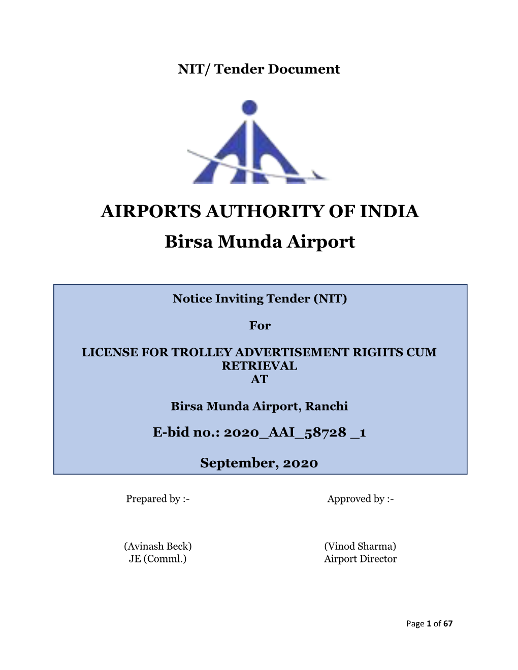 AIRPORTS AUTHORITY of INDIA Birsa Munda Airport