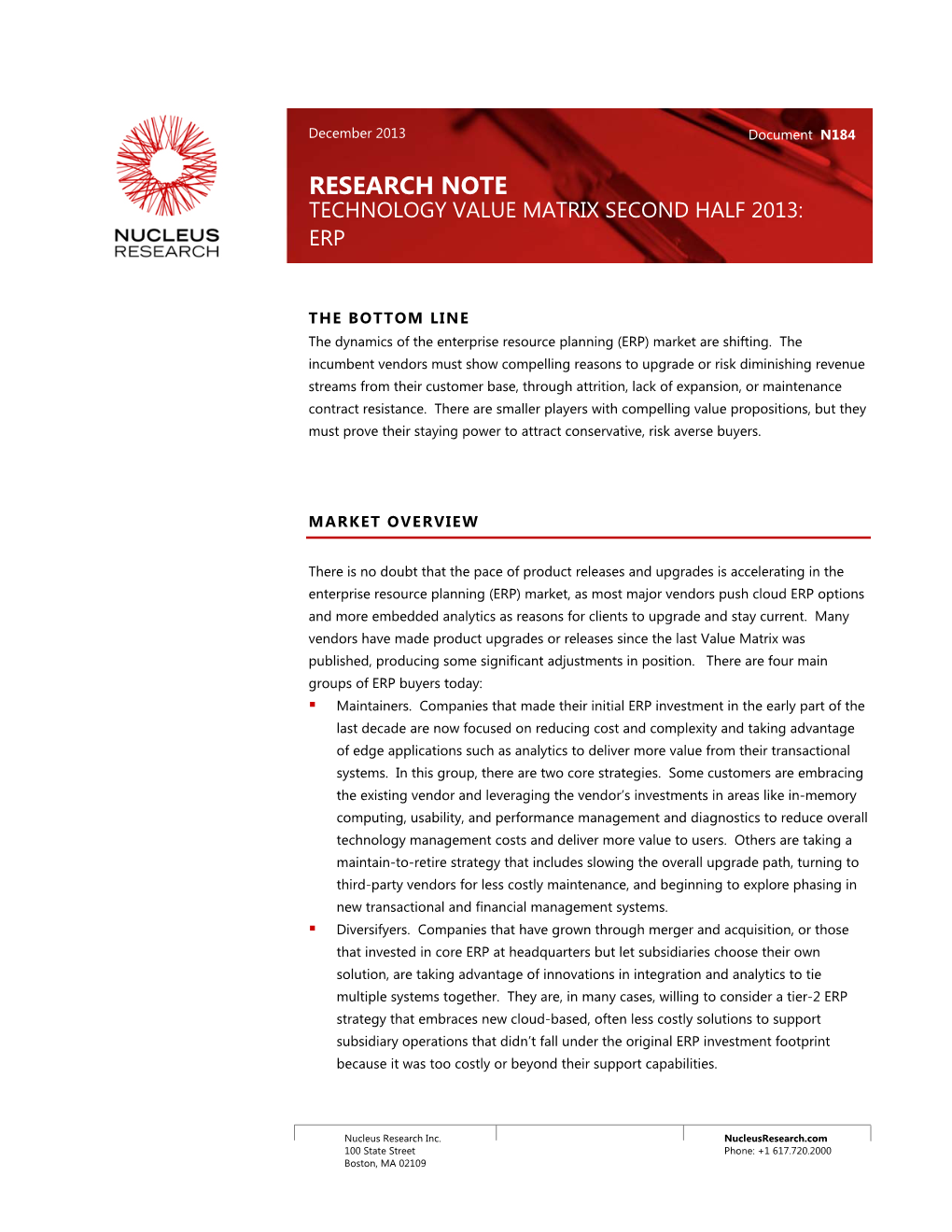 Research Note Technology Value Matrix Second Half 2013: Erp