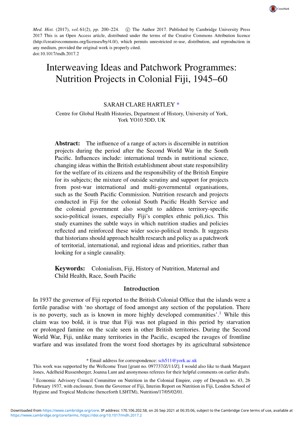 Interweaving Ideas and Patchwork Programmes: Nutrition Projects in Colonial Fiji, 1945–60