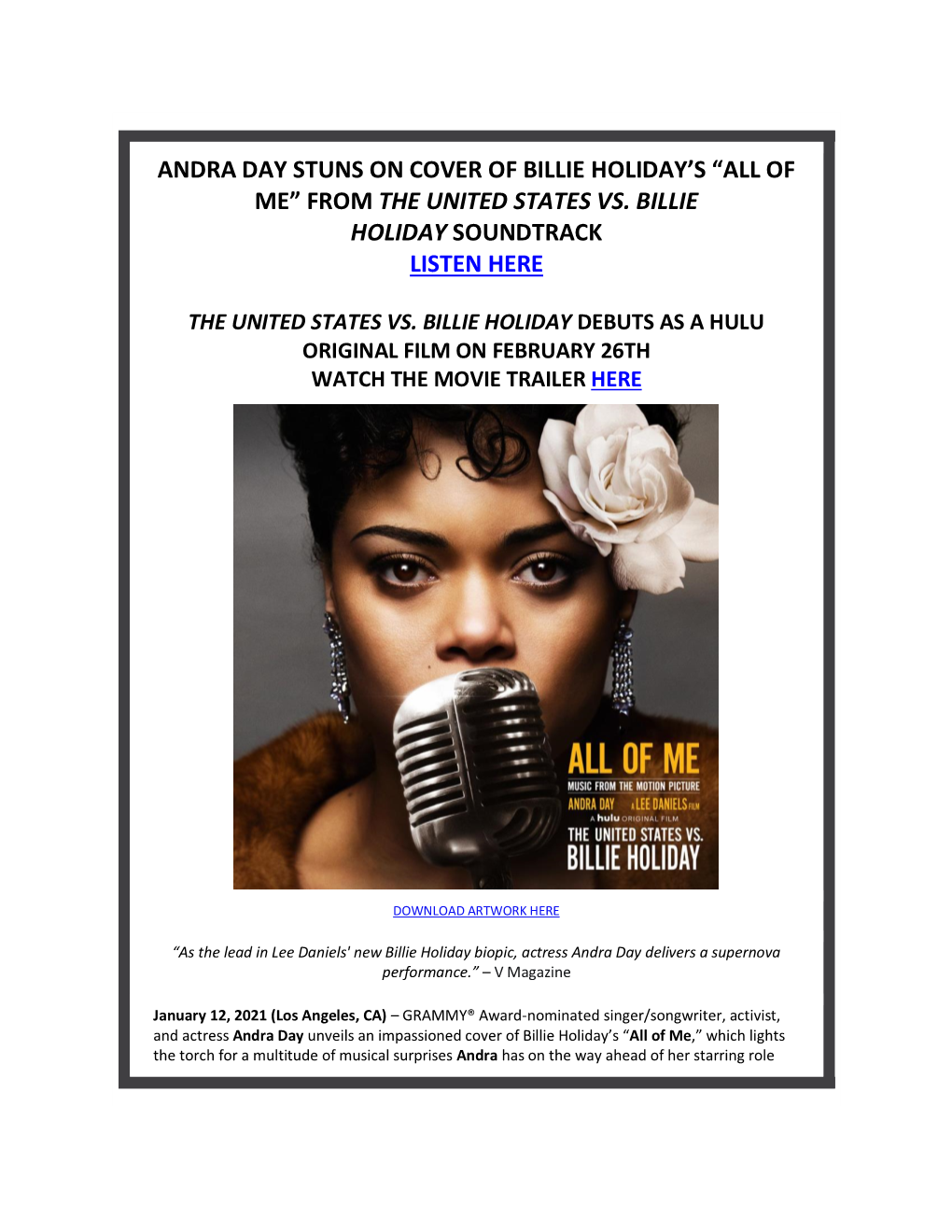 Andra Day Stuns on Cover of Billie Holiday’S “All of Me” from the United States Vs
