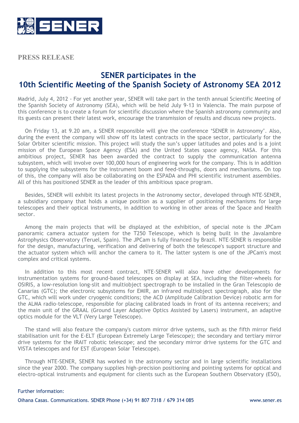 PRESS RELEASE SENER Participates in The