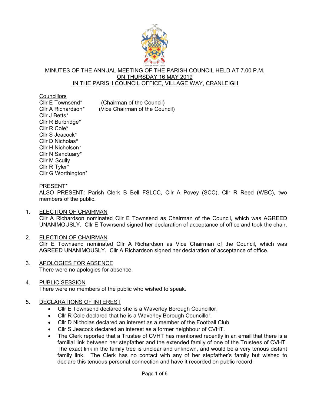 Cranleigh Parish Council - Standing Committees and Observers on Outside Bodies 2019/20