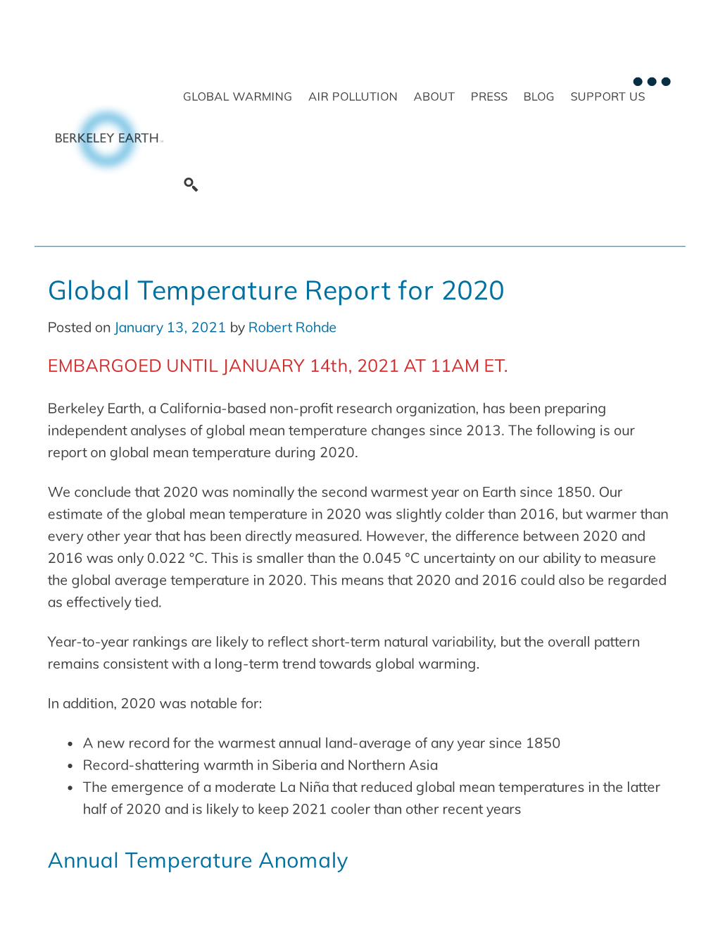 Global Temperature Report for 2020