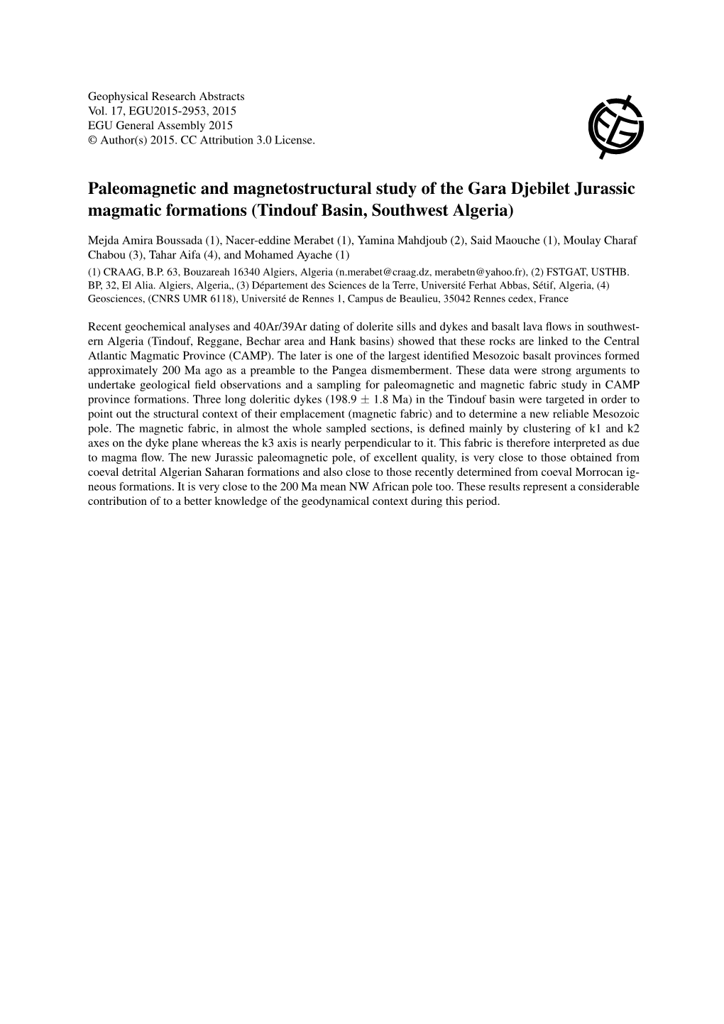 Paleomagnetic and Magnetostructural Study of the Gara Djebilet Jurassic Magmatic Formations (Tindouf Basin, Southwest Algeria)