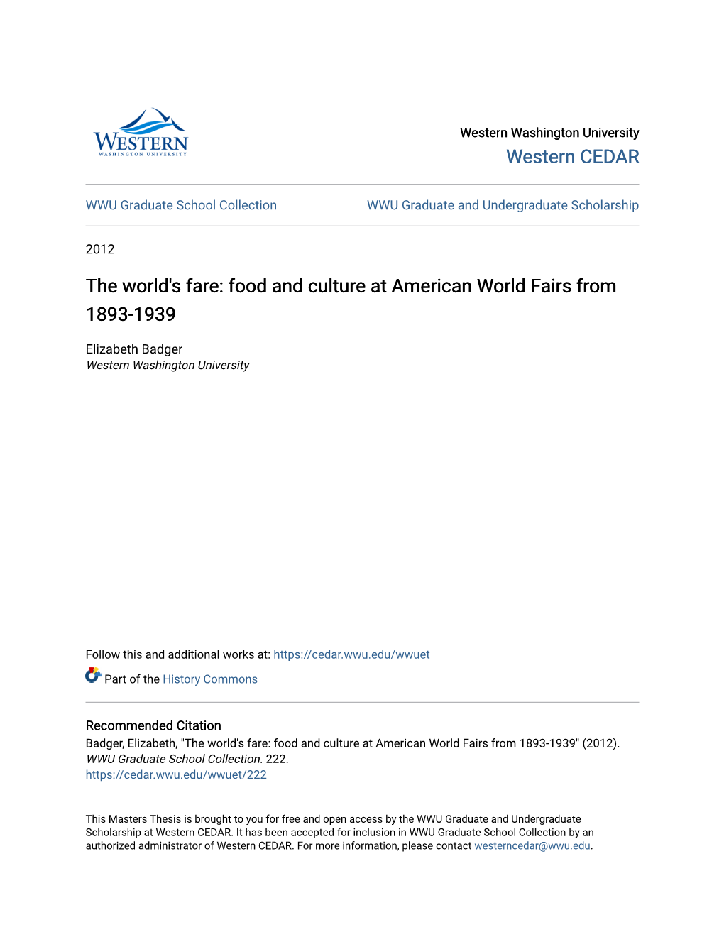 Food and Culture at American World Fairs from 1893-1939