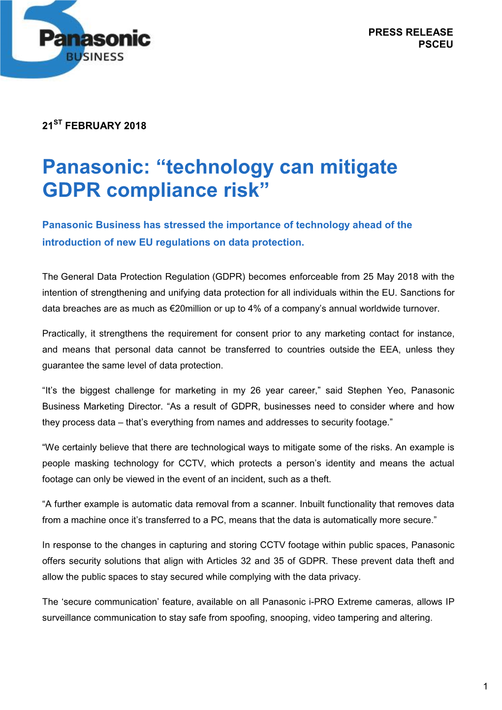 Panasonic: “Technology Can Mitigate GDPR Compliance Risk”
