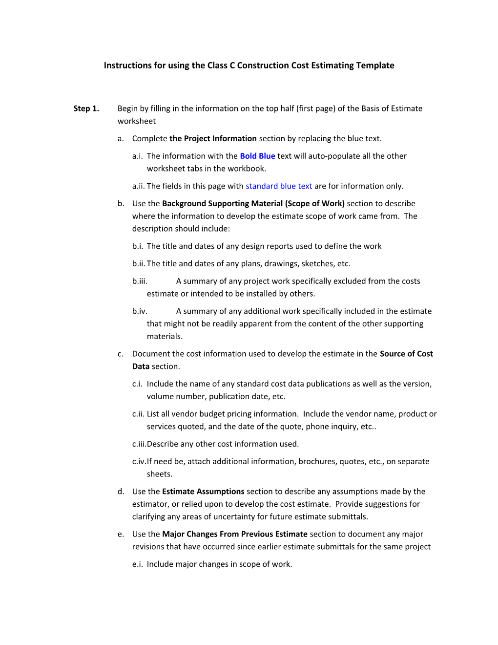 Instructions For Using The Class C Construction Cost Estimating Template