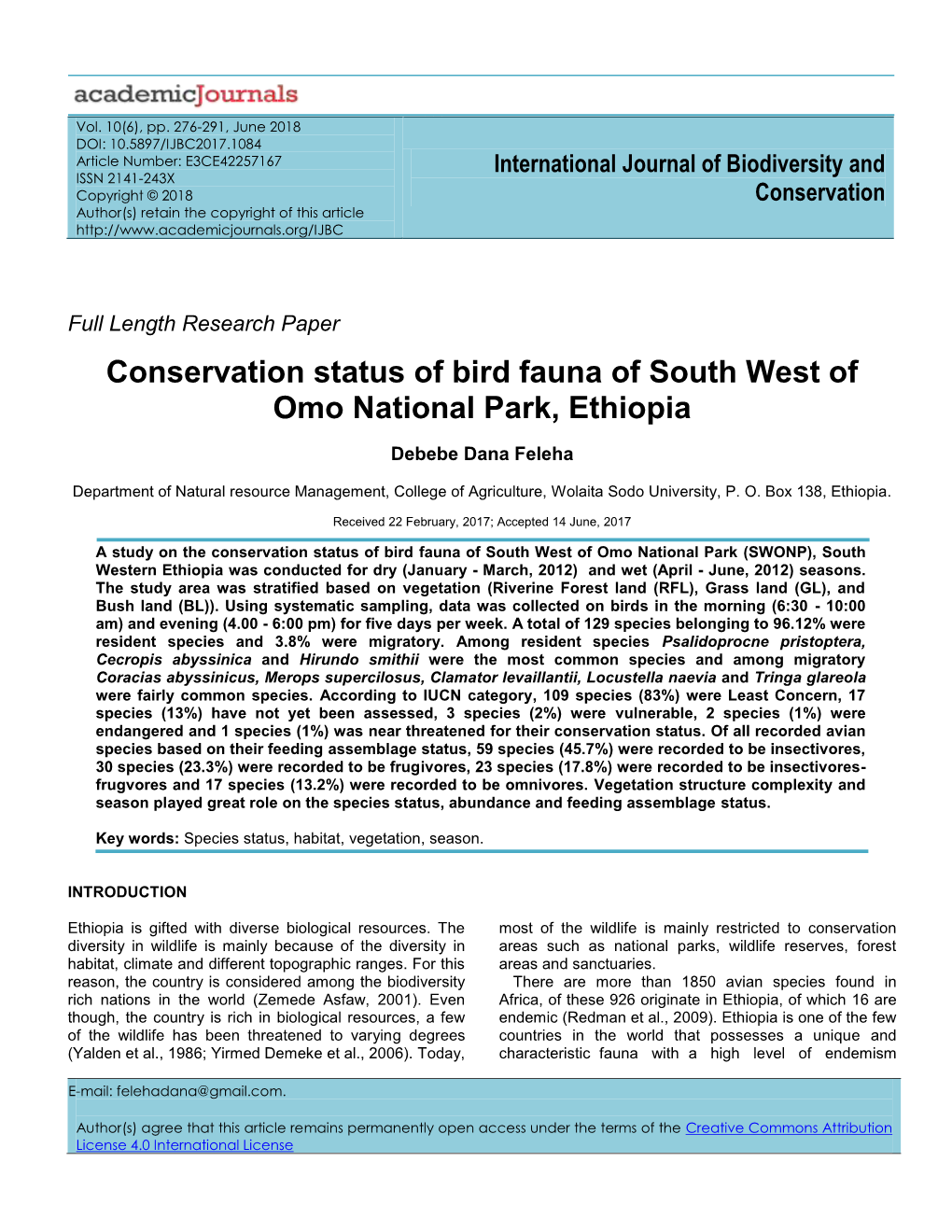 Conservation Status of Bird Fauna of South West of Omo National Park, Ethiopia