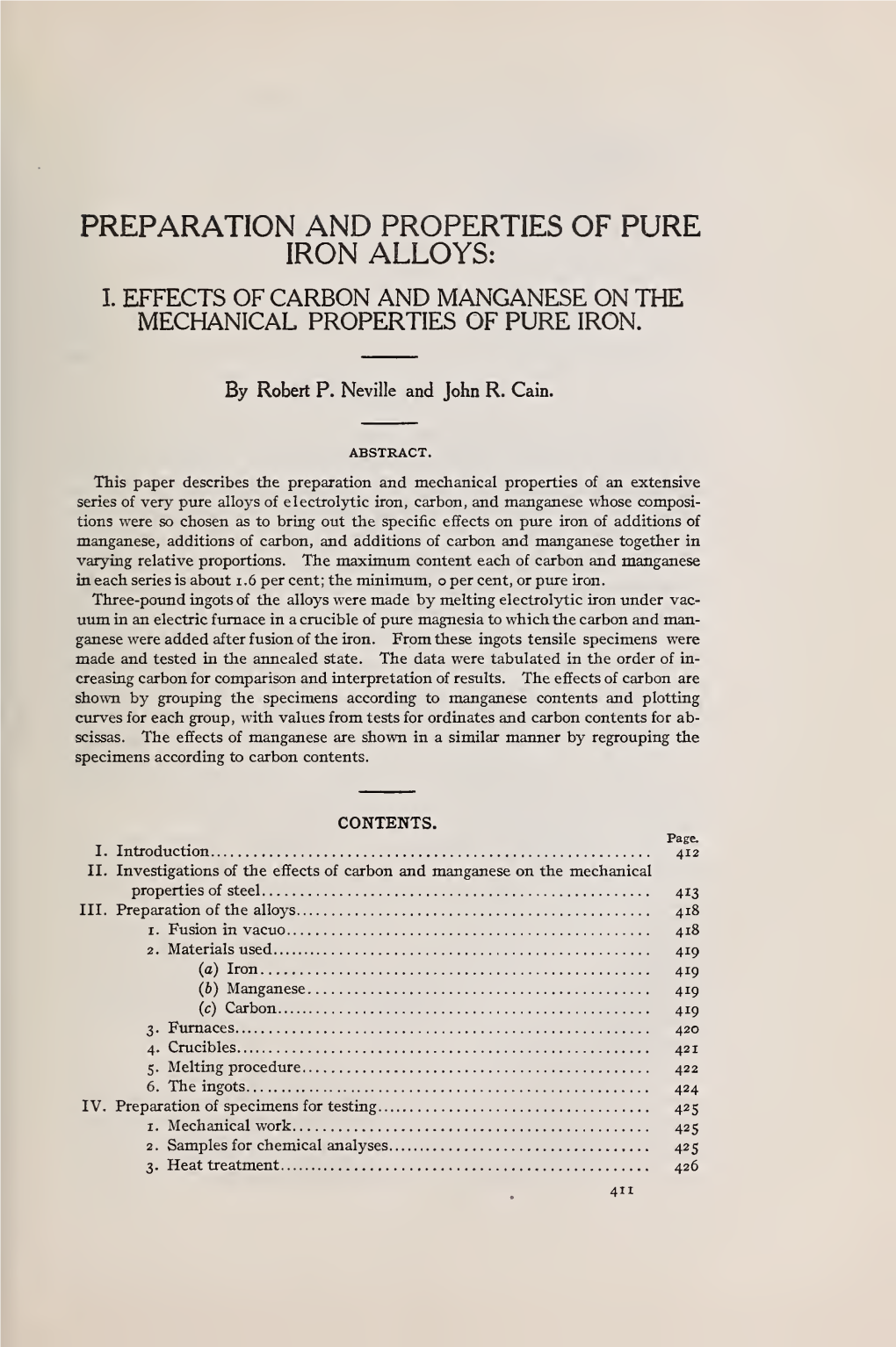 Preparation and Properties of Pure Iron Alloys. I. Effects of Carbon And