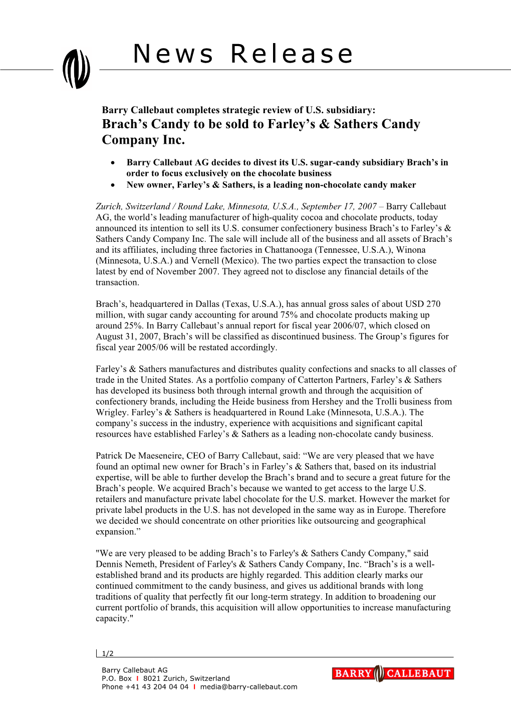 Brach's Candy to Be Sold to Farley's & Sathers Candy Company Inc