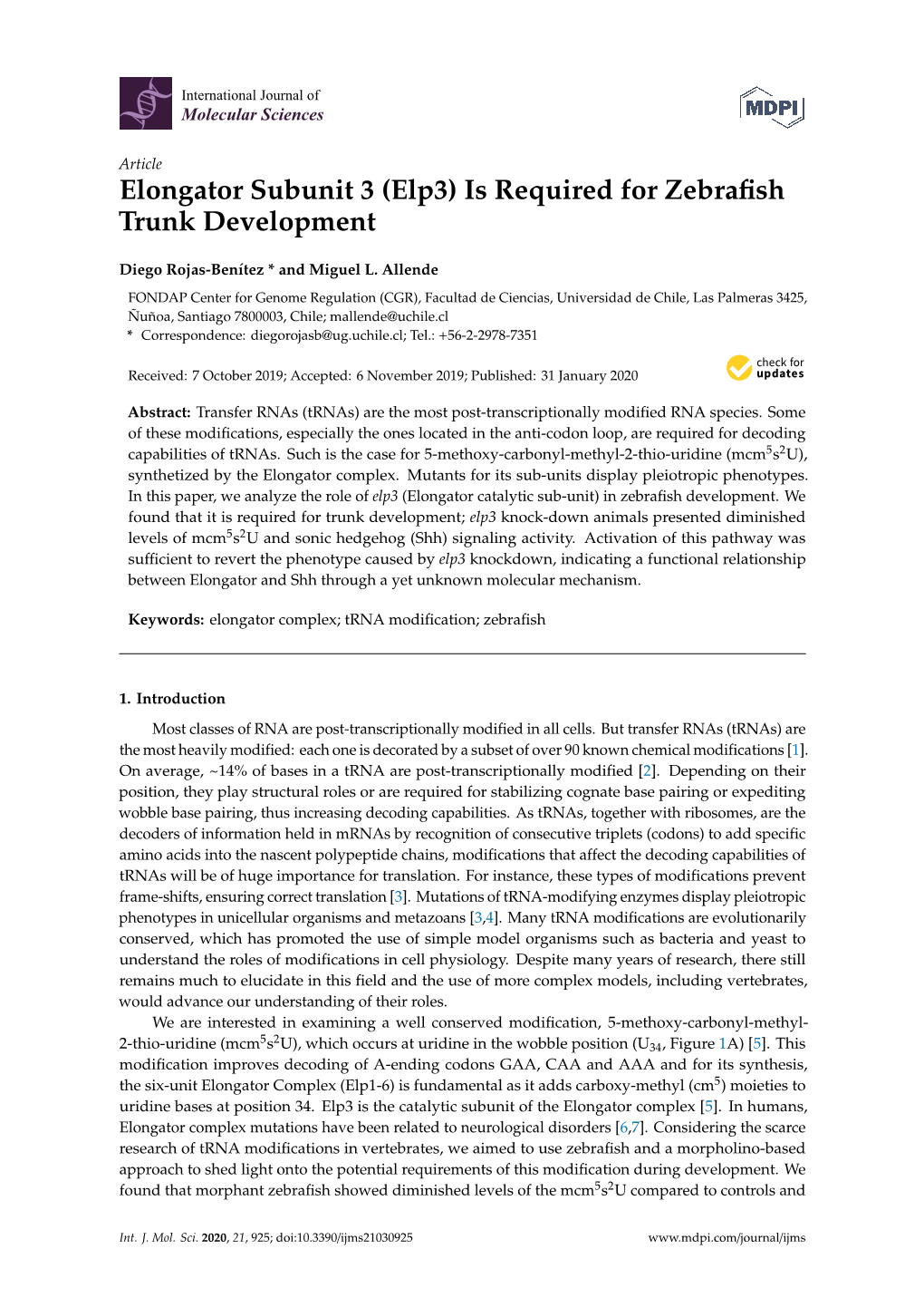 Elp3) Is Required for Zebraﬁsh Trunk Development