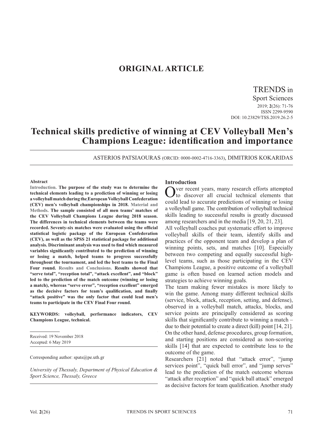 Technical Skills Predictive of Winning at CEV Volleyball Men's