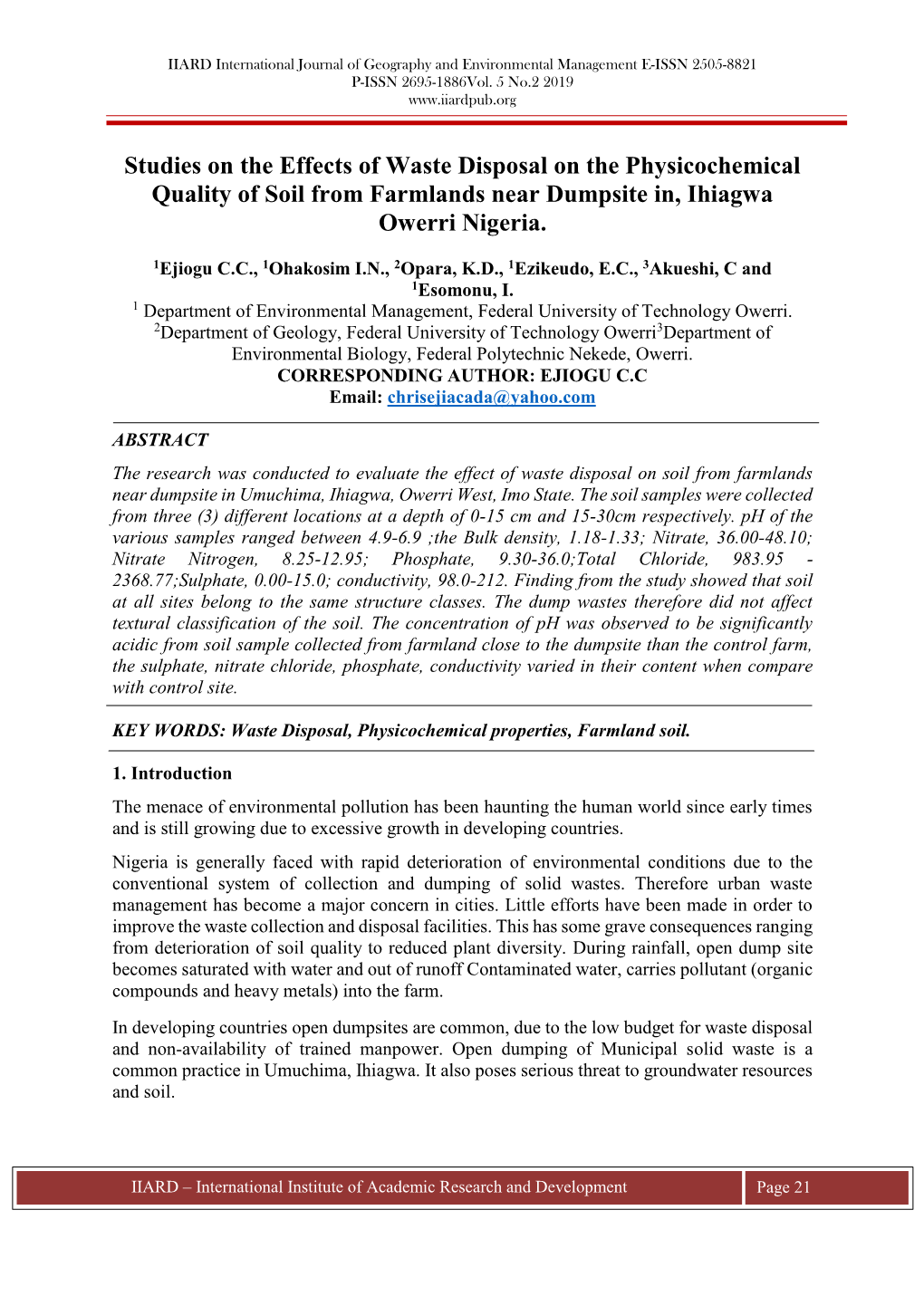 Studies on the Effects of Waste Disposal on the Physicochemical Quality of Soil from Farmlands Near Dumpsite In, Ihiagwa Owerri Nigeria