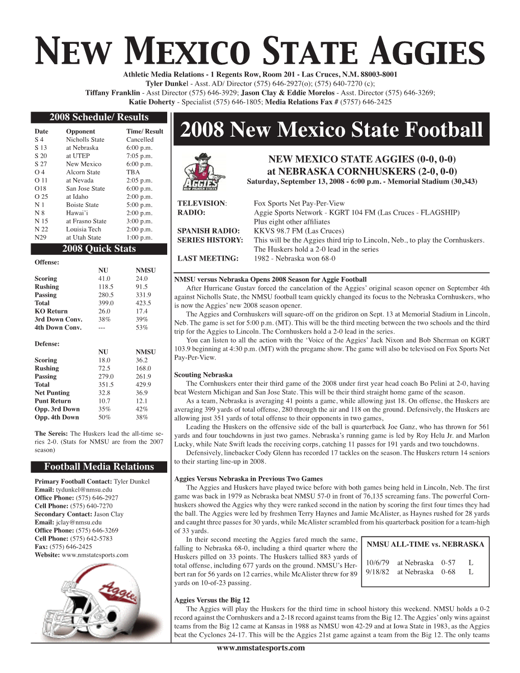 New Mexico State Aggies Athletic Media Relations - 1 Regents Row, Room 201 - Las Cruces, N.M