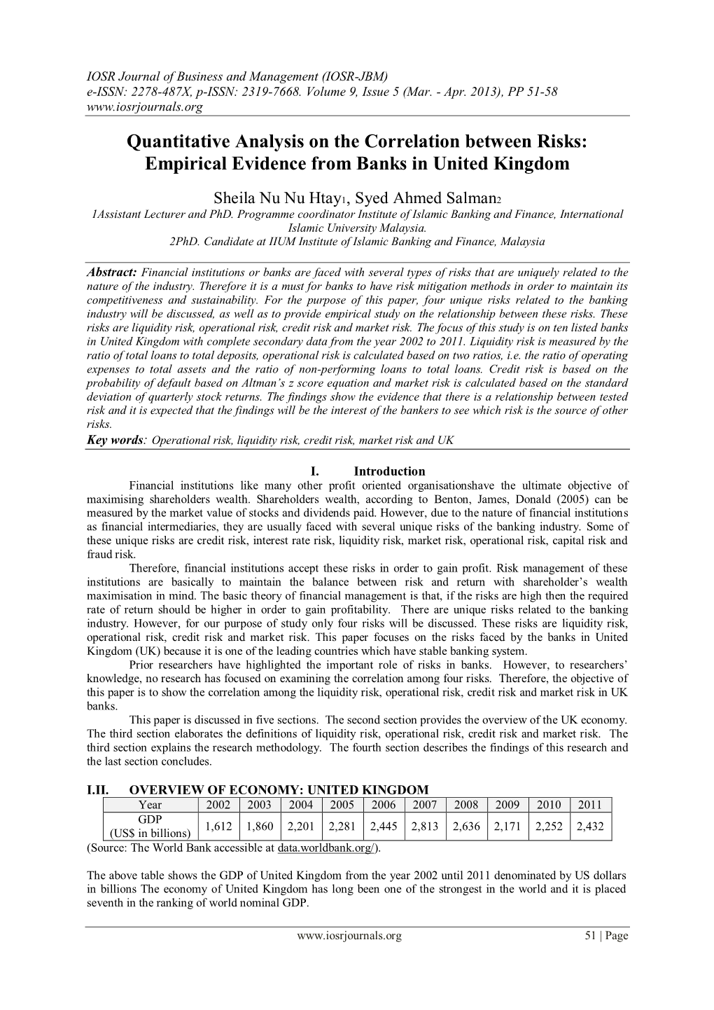 Quantitative Analysis on the Correlation Between Risks: Empirical Evidence from Banks in United Kingdom