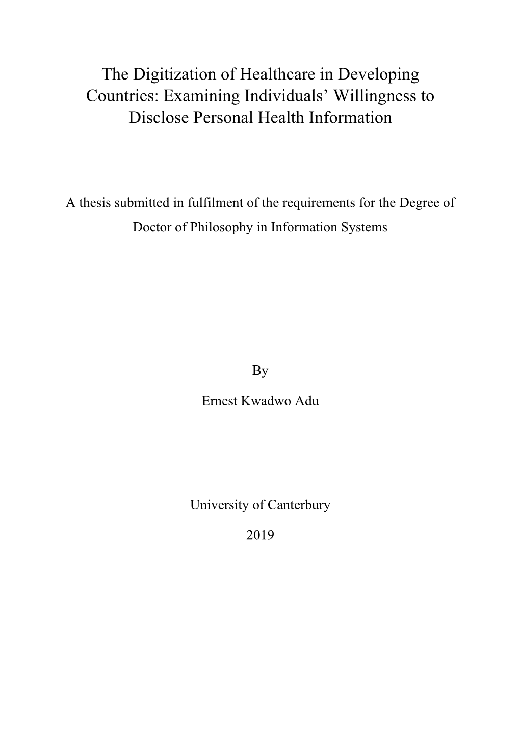 The Digitization of Healthcare in Developing Countries: Examining Individuals’ Willingness to Disclose Personal Health Information