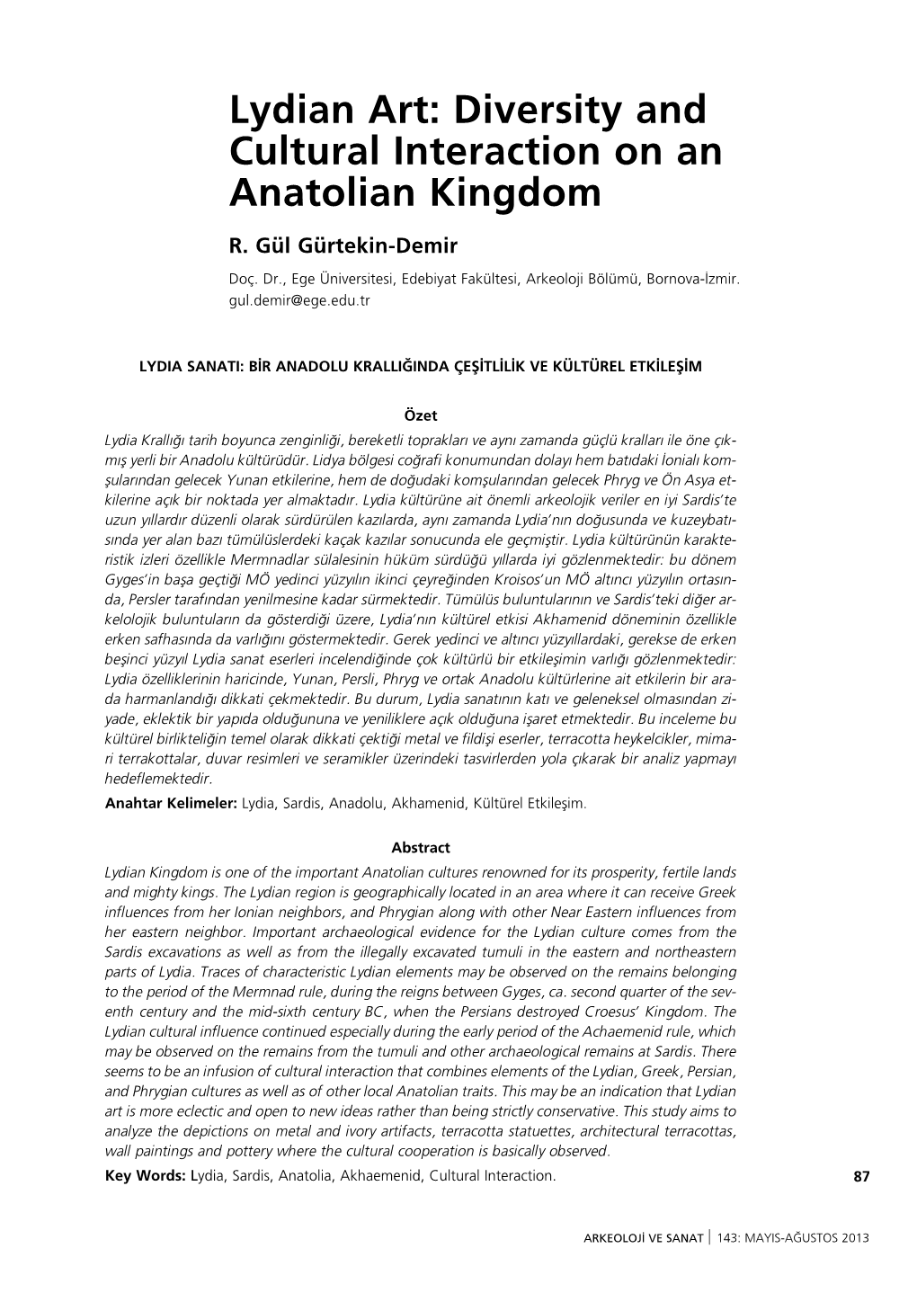 Lydian Art: Diversity and Cultural Interaction on an Anatolian Kingdom R