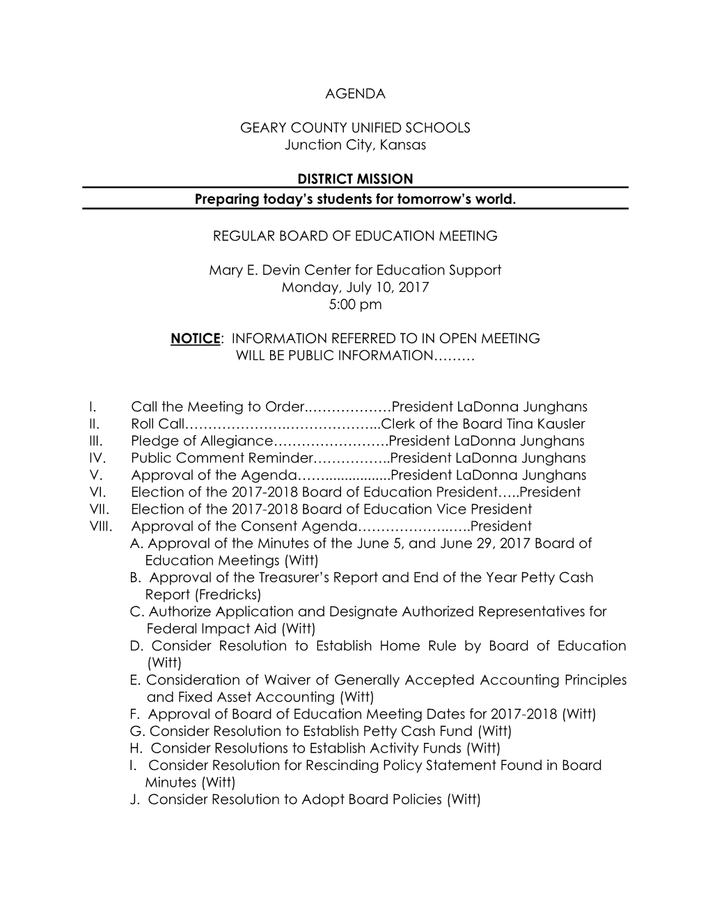 Agenda Geary County Unified