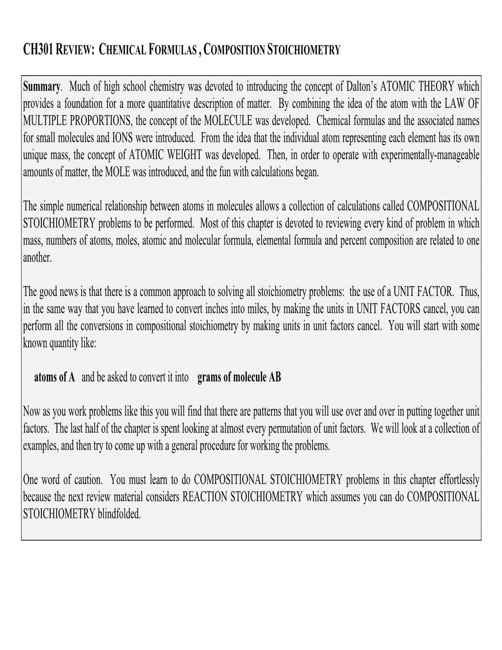 Ch301 Review: Chemical Formulas , Composition Stoichiometry