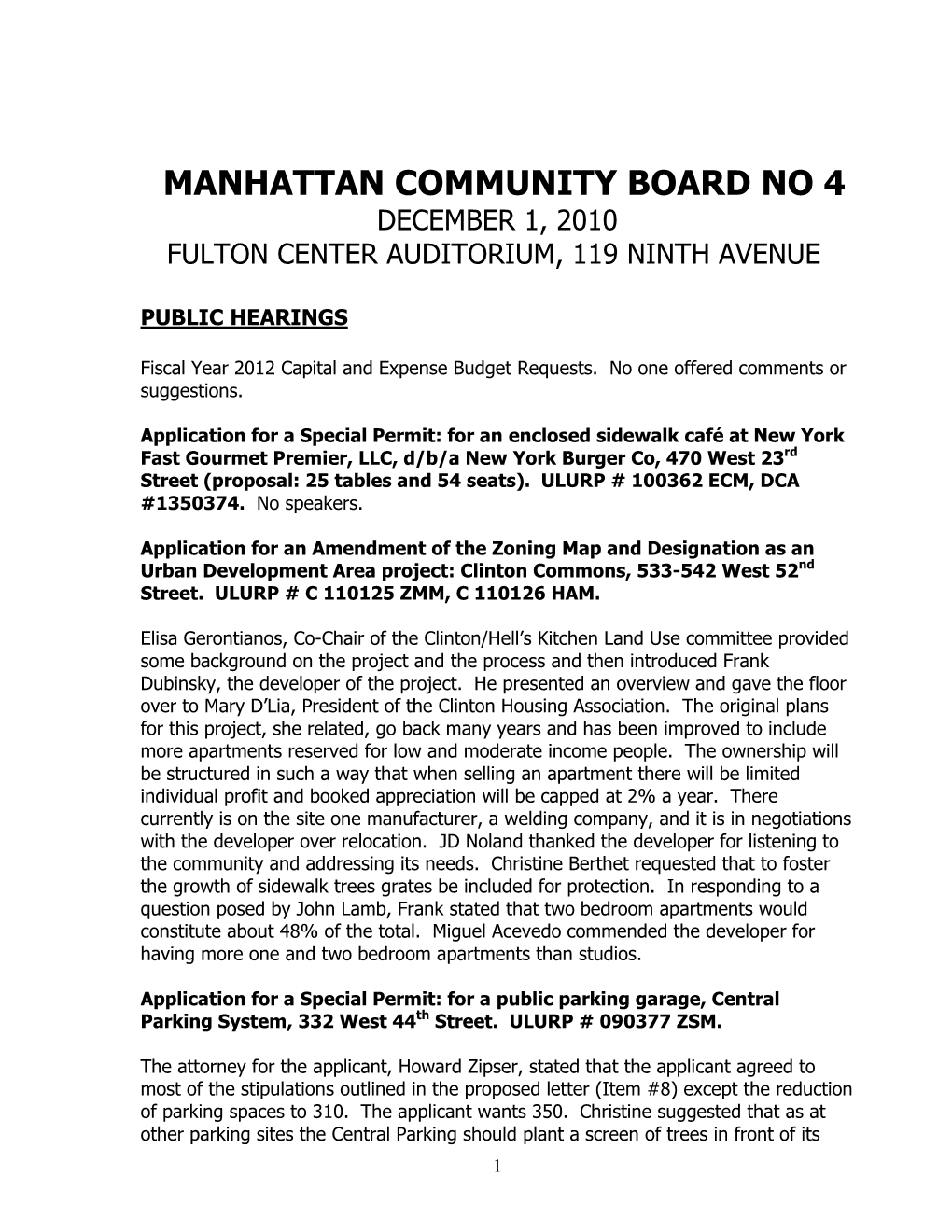 Manhattan Community Board No 4 December 1, 2010 Fulton Center Auditorium, 119 Ninth Avenue