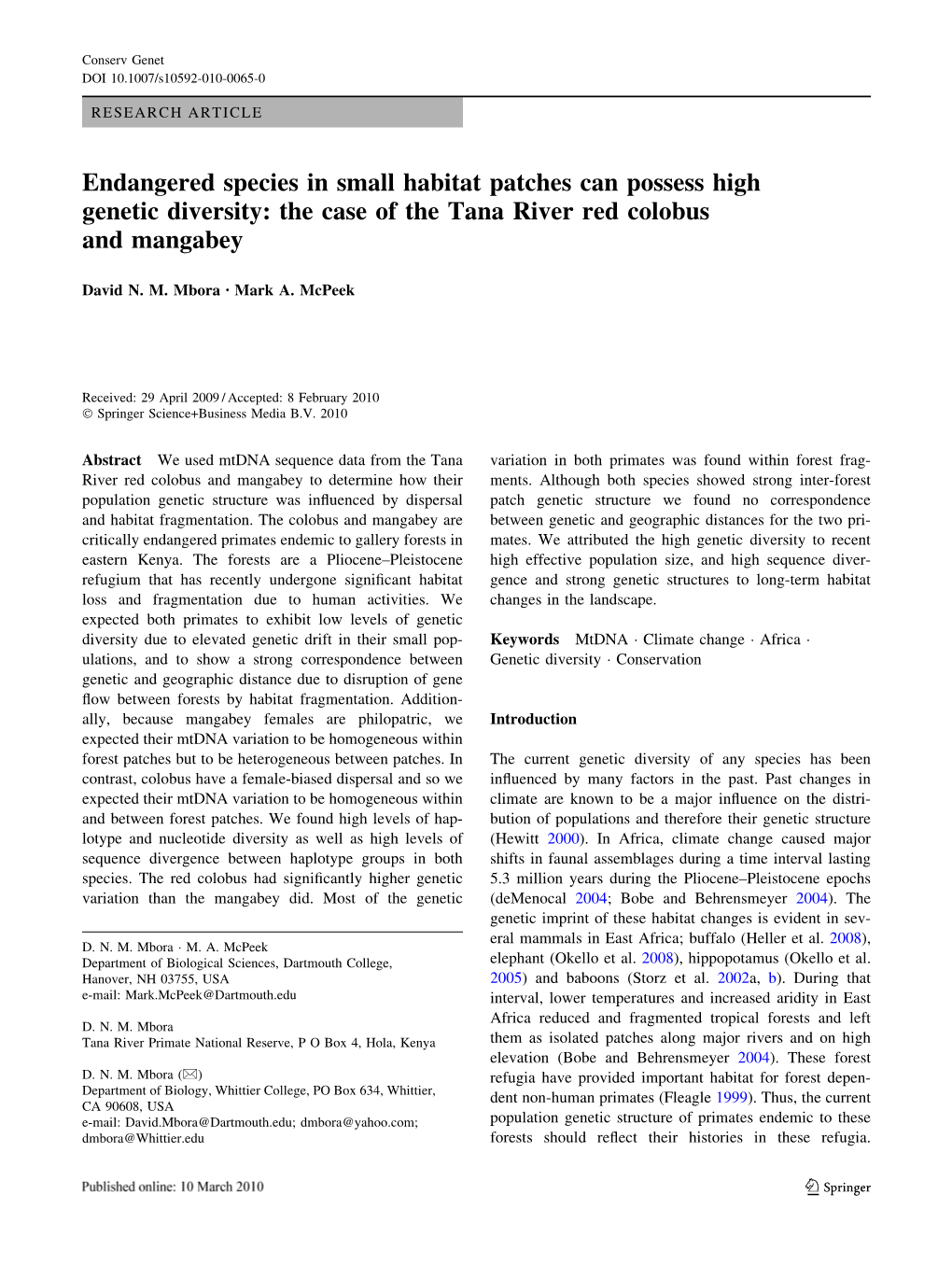 Endangered Species in Small Habitat Patches Can Possess High Genetic Diversity: the Case of the Tana River Red Colobus and Mangabey